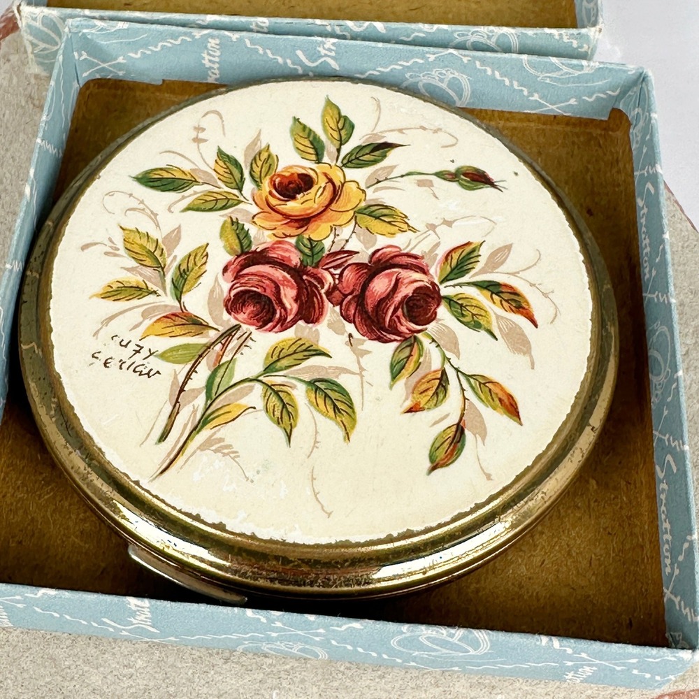 Vintage‎ Stratton Hand Painted Roses Powder Compact Signed Suzy Seriau w/ Box